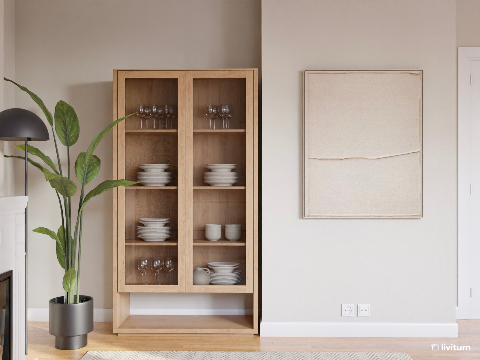 Salón moderno en tonos claros y detalles en negro con rincón de lectura