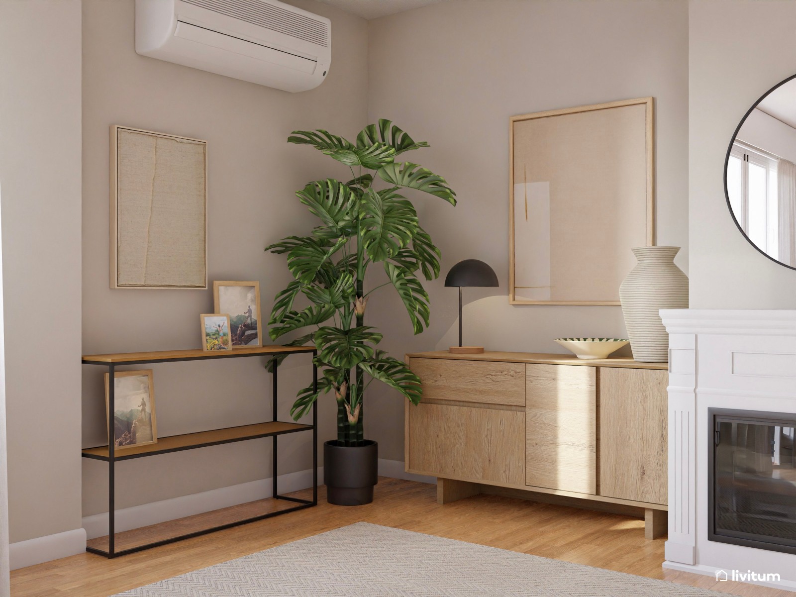 Salón moderno en tonos claros y detalles en negro con rincón de lectura