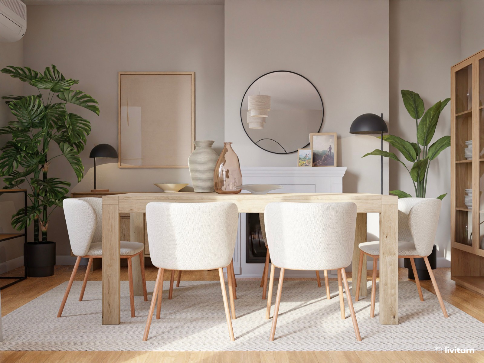 Salón moderno en tonos claros y detalles en negro con rincón de lectura