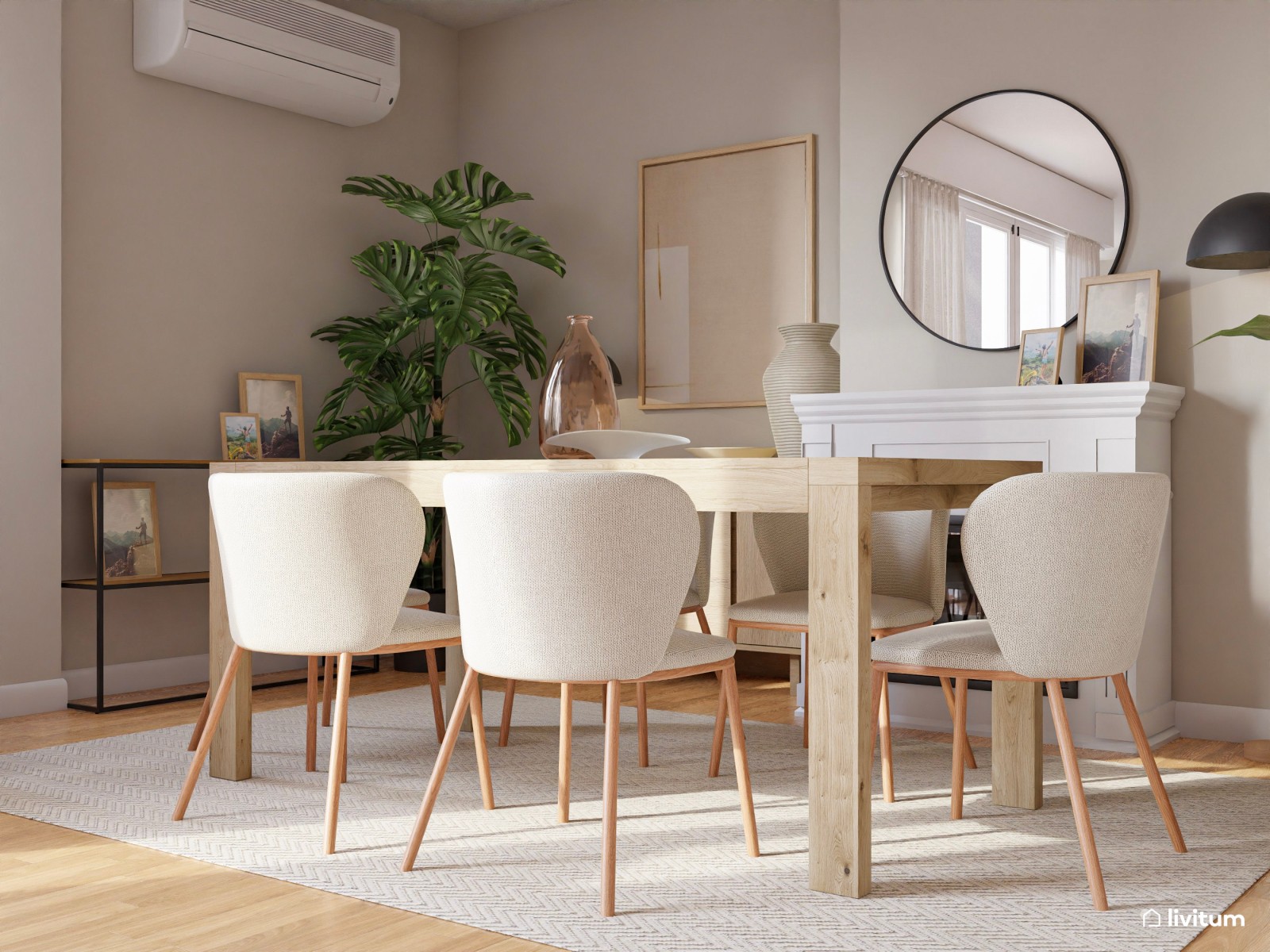 Salón moderno en tonos claros y detalles en negro con rincón de lectura