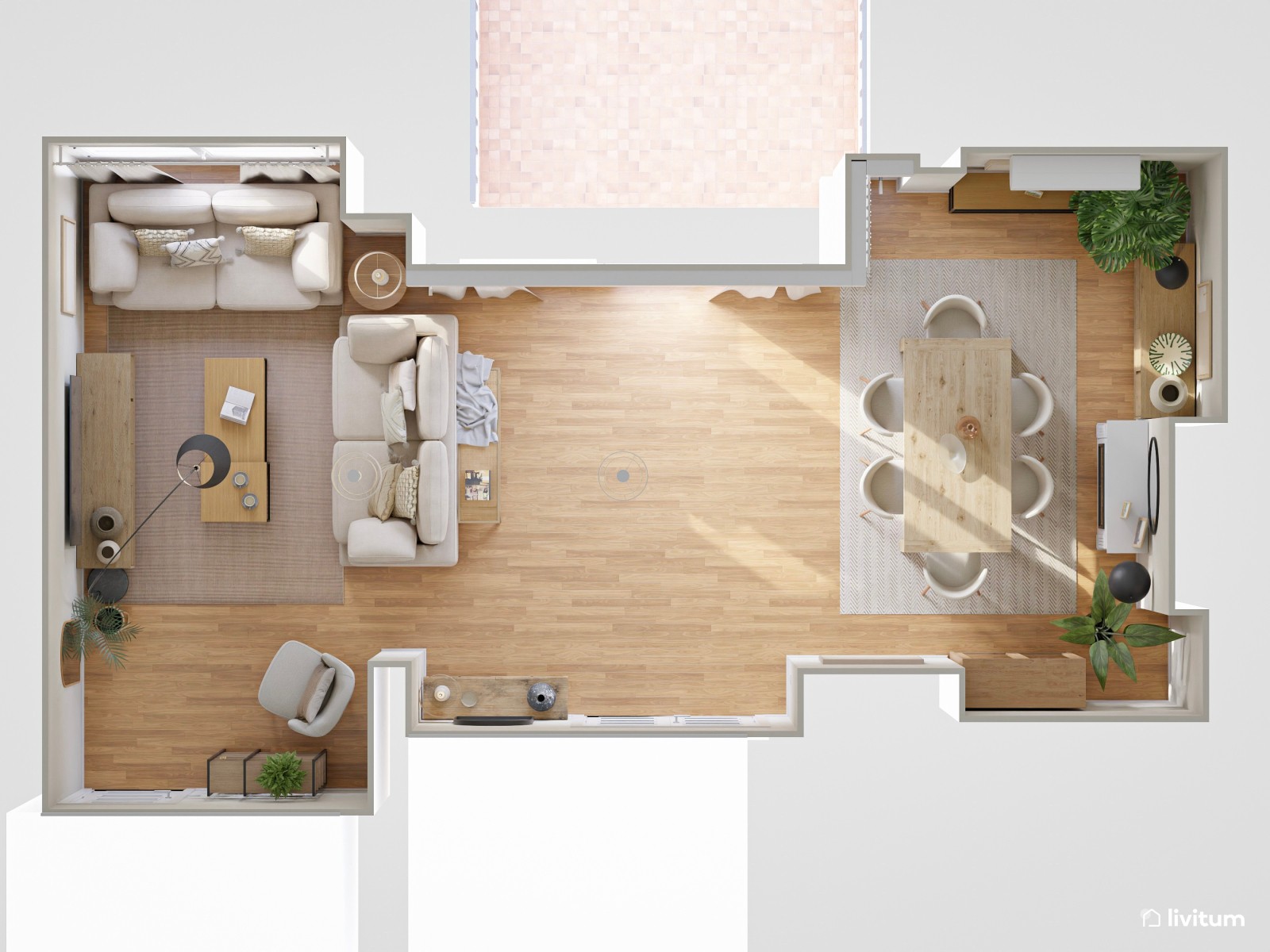 Salón moderno en tonos claros y detalles en negro con rincón de lectura