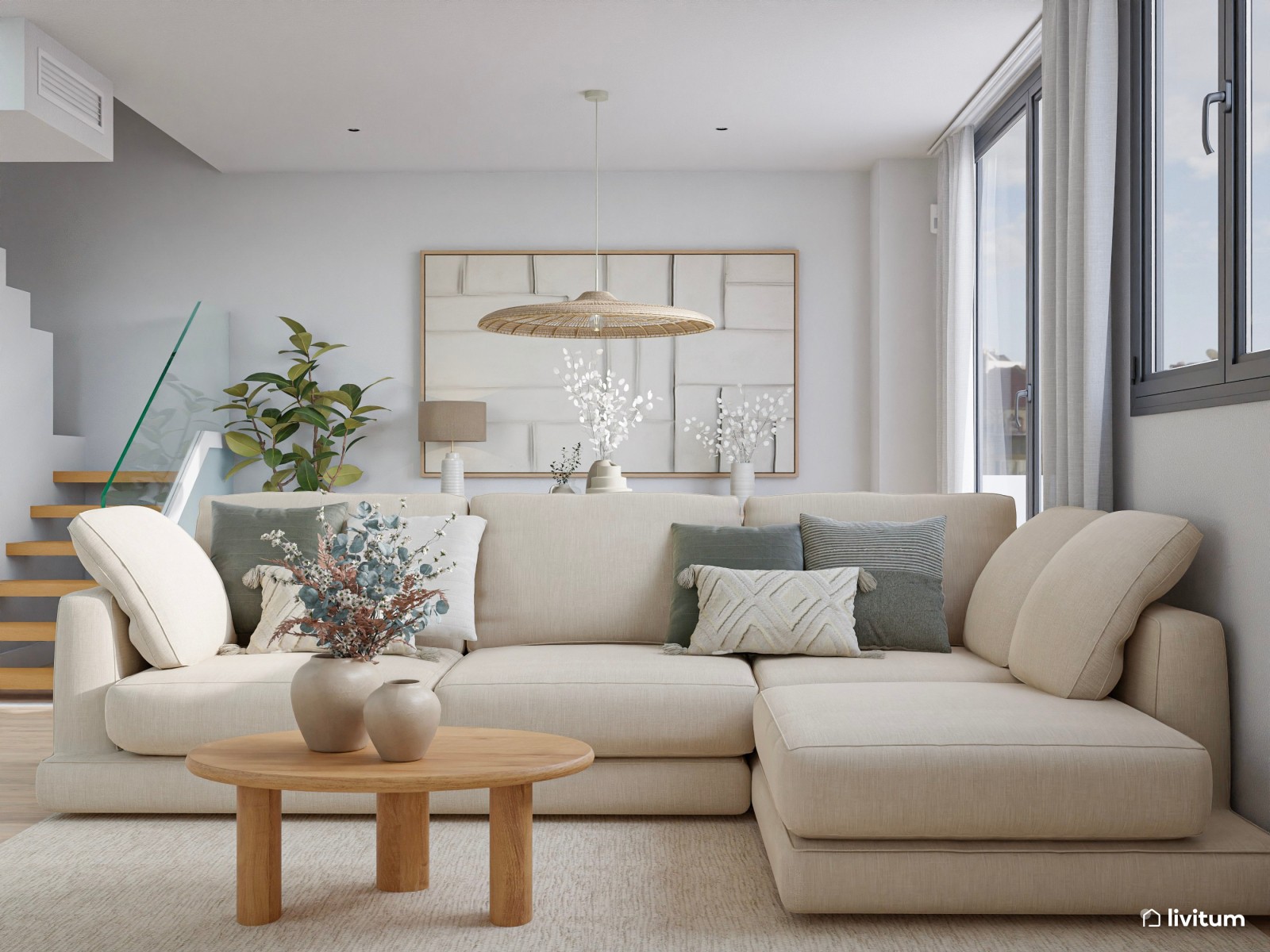 Salón moderno en tonos crema con elegante comedor 