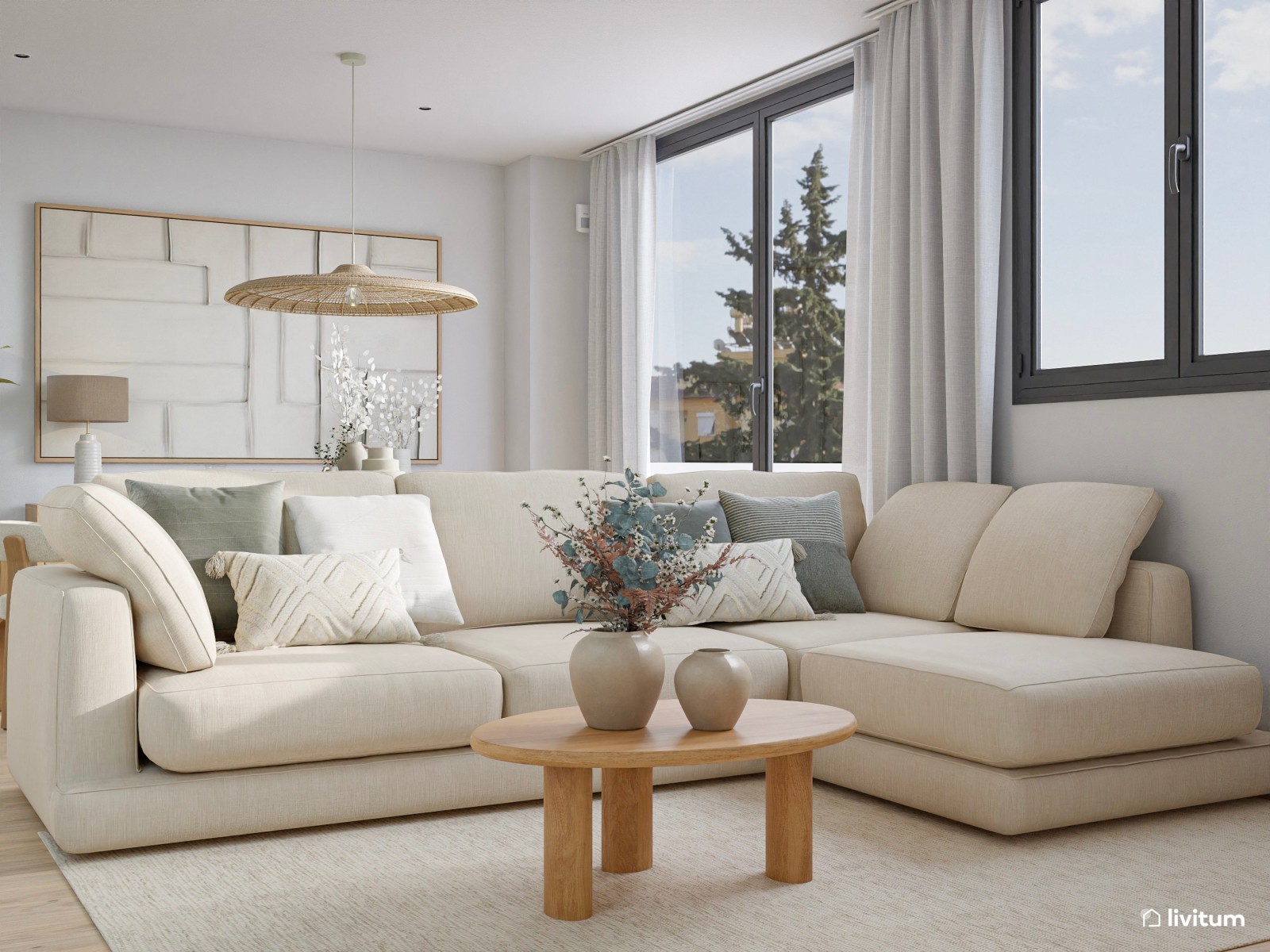 Salón moderno en tonos crema con elegante comedor 