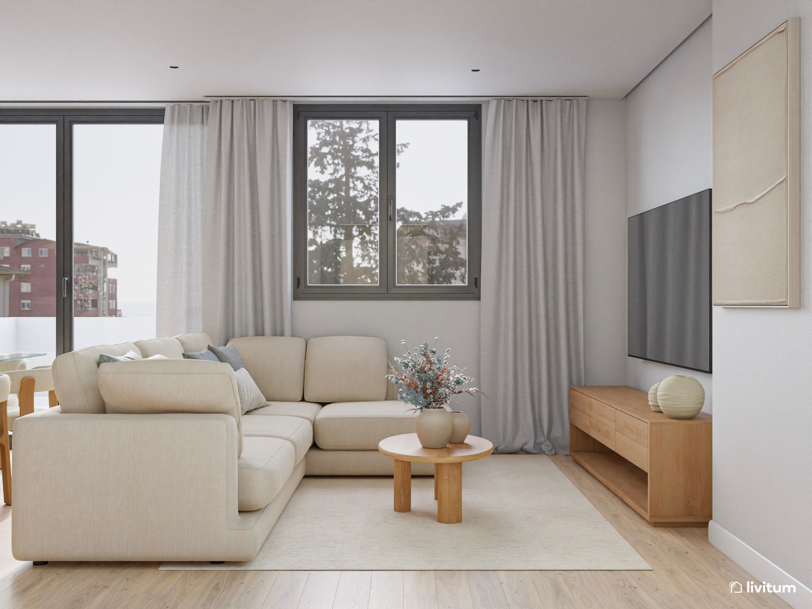 Salón moderno en tonos crema con elegante comedor 