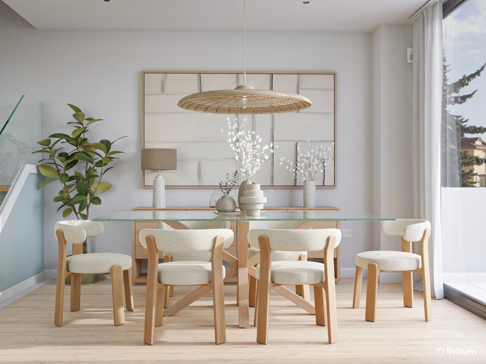 Salón moderno en tonos crema con elegante comedor 