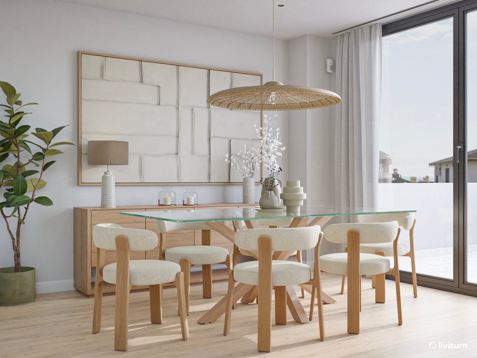 Salón moderno en tonos crema con elegante comedor 