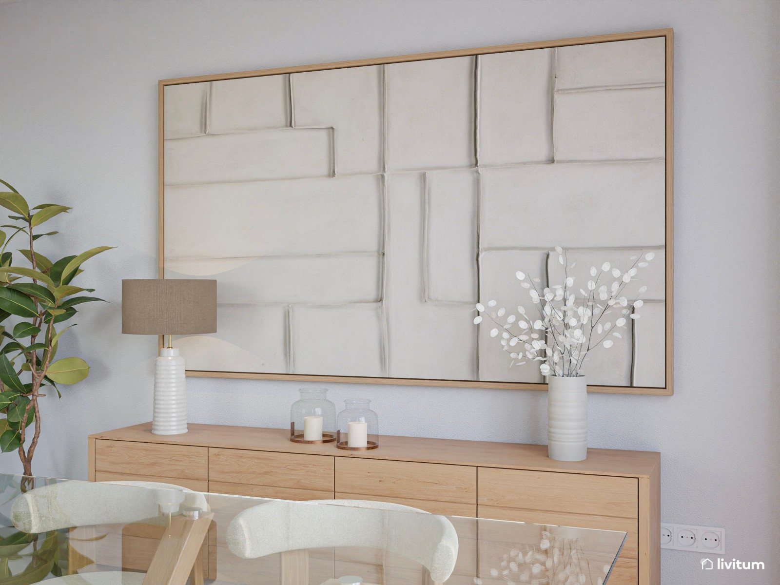 Salón moderno en tonos crema con elegante comedor 