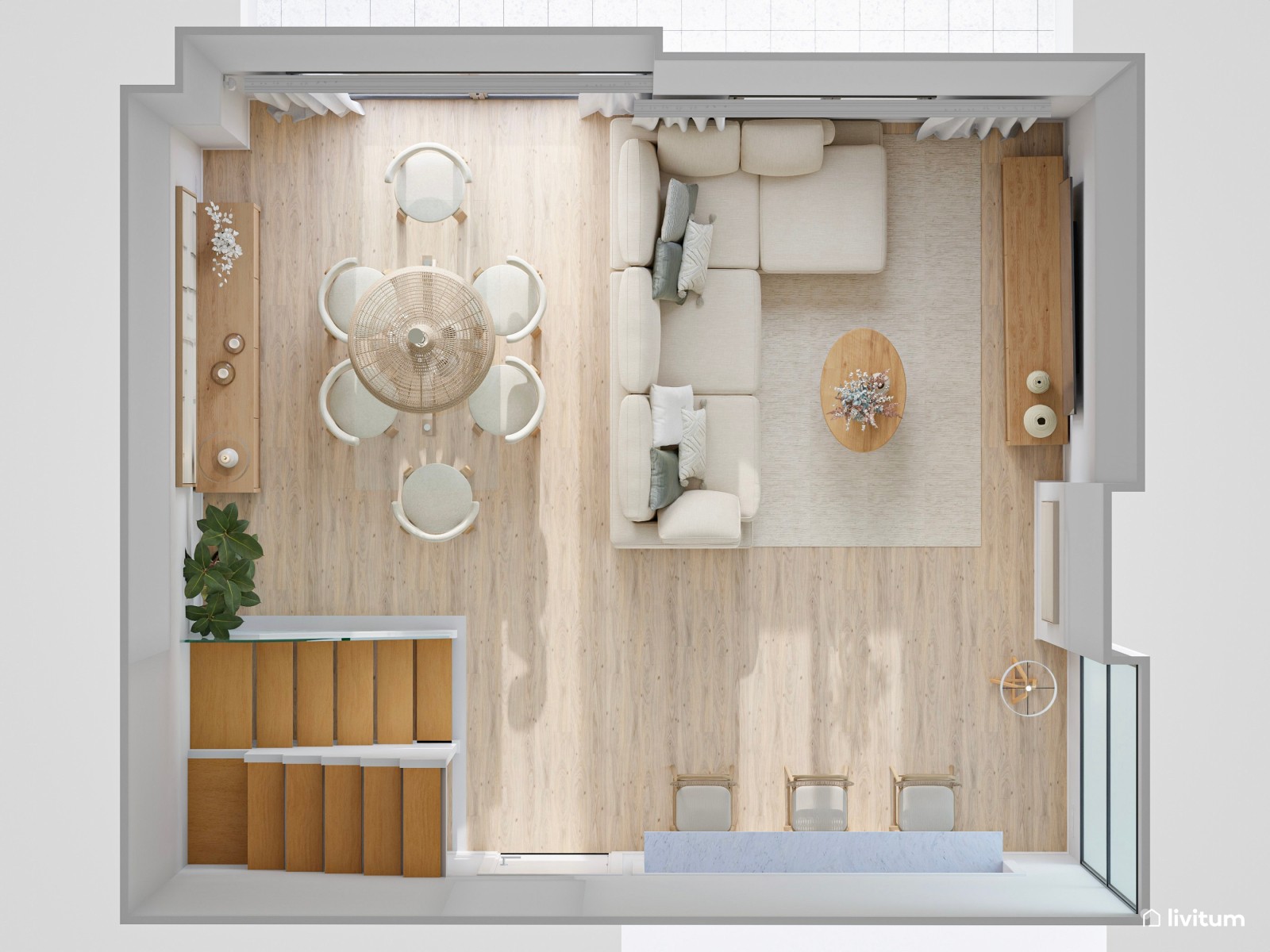 Salón moderno en tonos crema con elegante comedor 