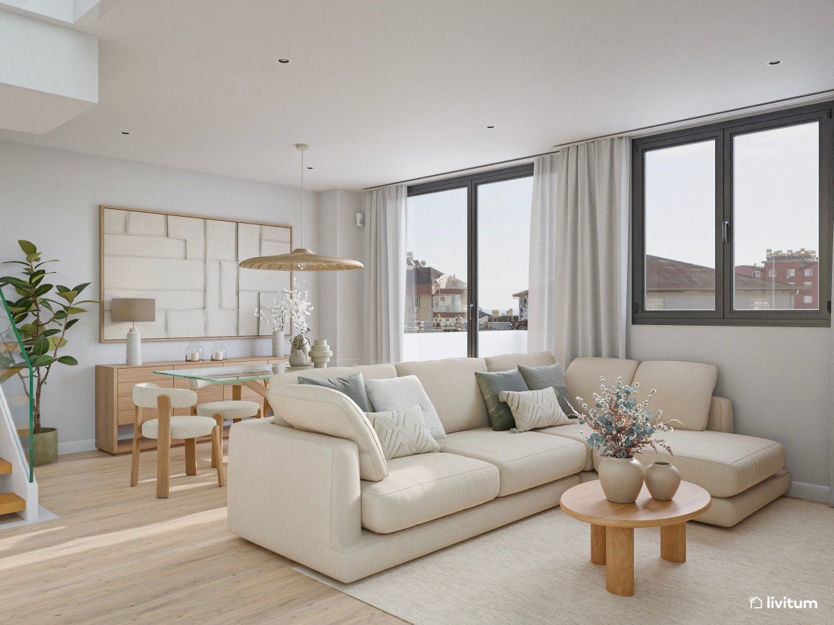 Salón moderno en tonos crema con elegante comedor