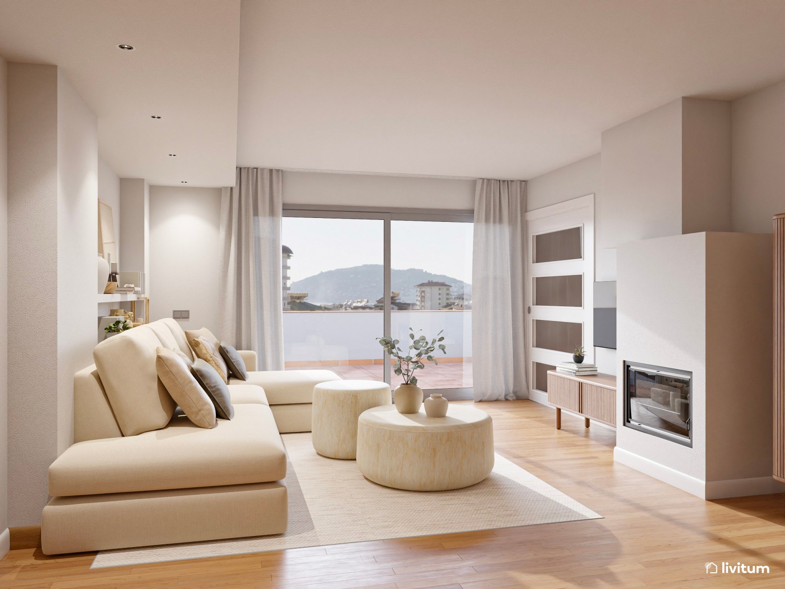 Salón moderno en tonos crema con mesas de efecto travertino