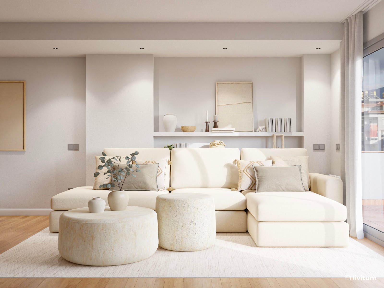 Salón moderno en tonos crema con mesas de efecto travertino