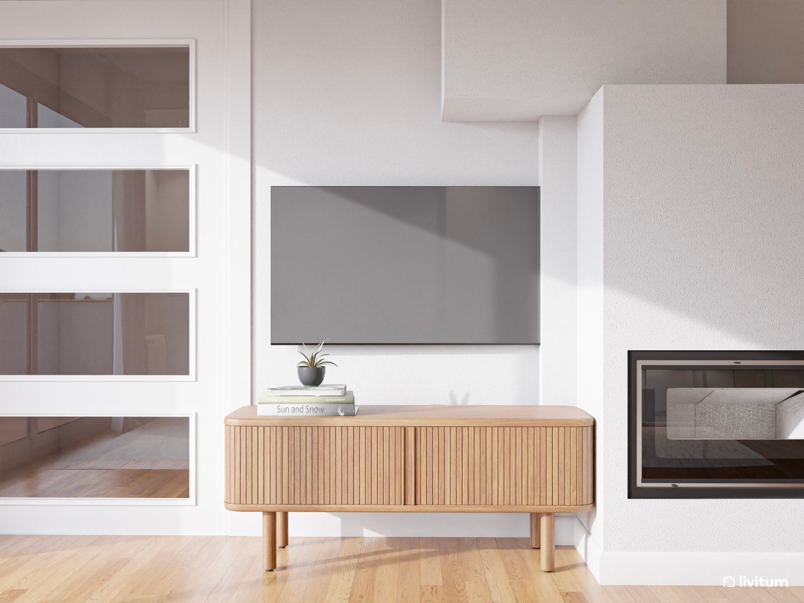 Salón moderno en tonos crema con mesas de efecto travertino