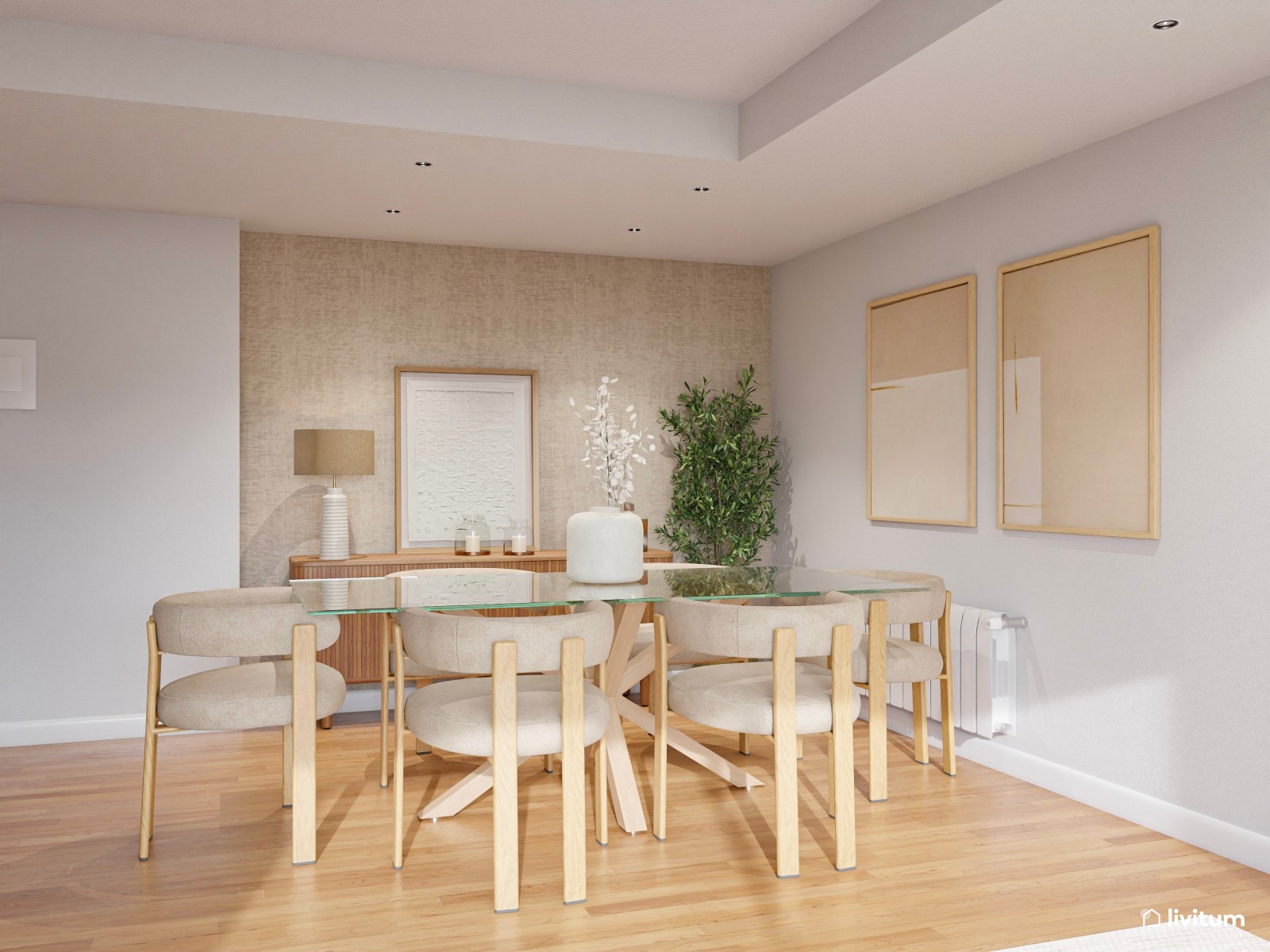 Salón moderno en tonos crema con mesas de efecto travertino