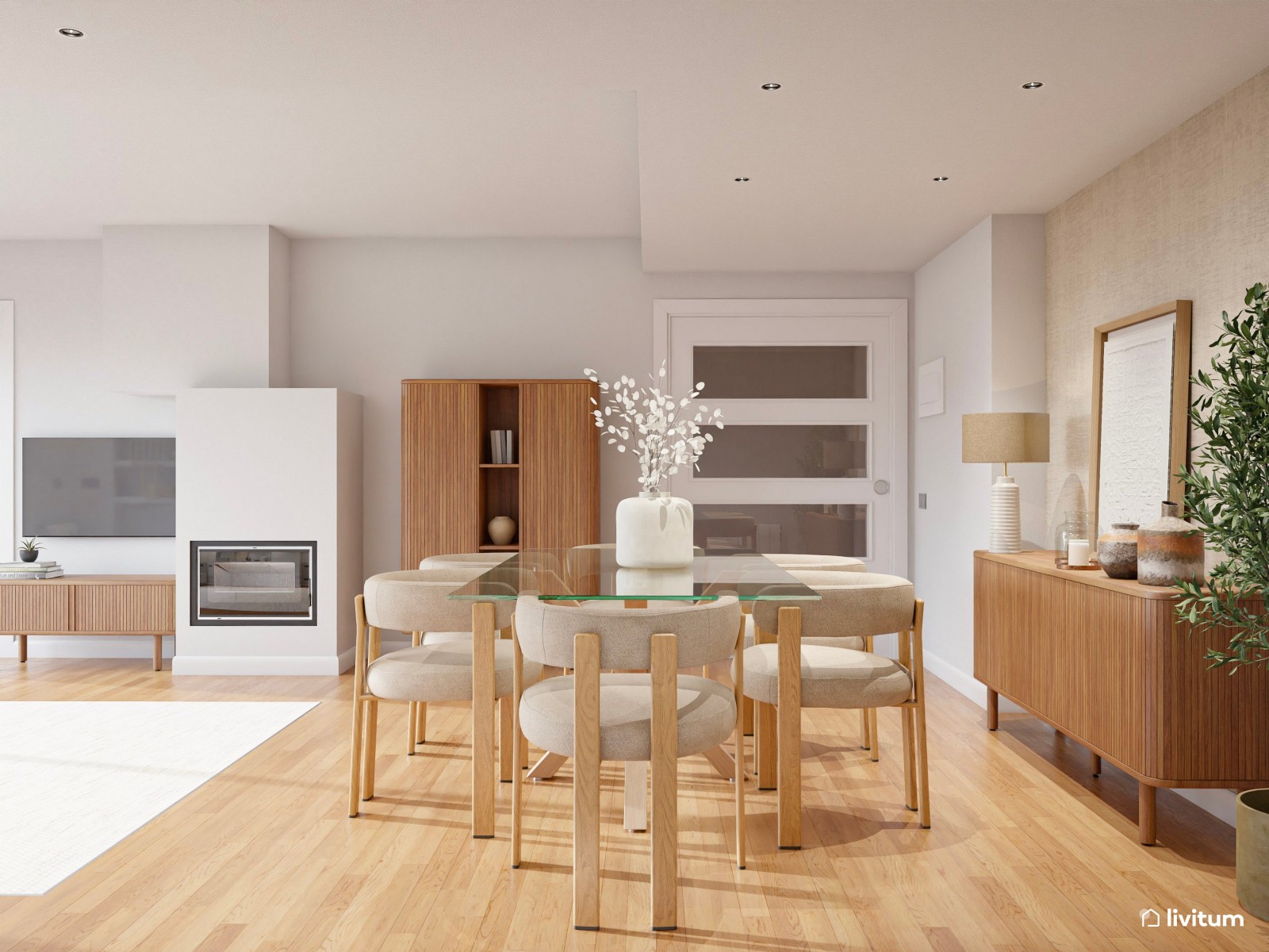 Salón moderno en tonos crema con mesas de efecto travertino