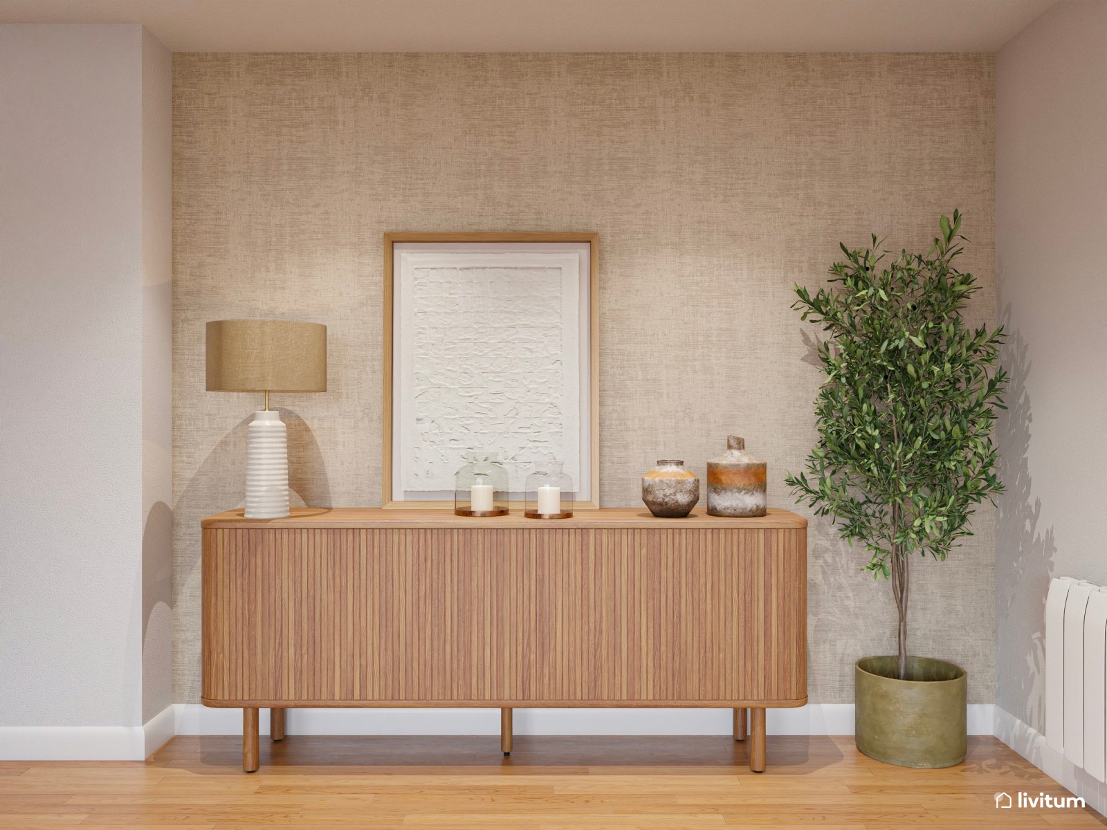 Salón moderno en tonos crema con mesas de efecto travertino