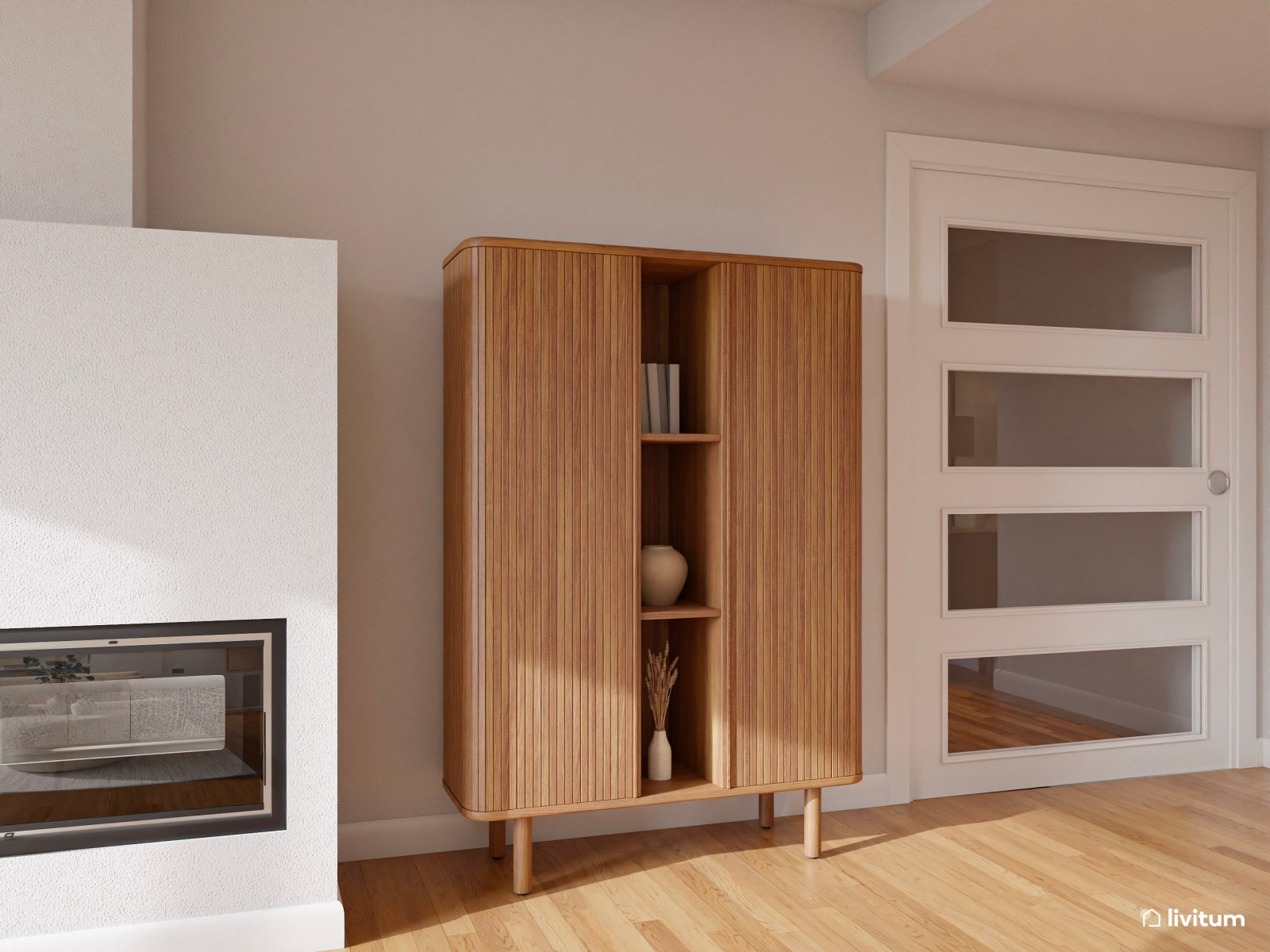 Salón moderno en tonos crema con mesas de efecto travertino