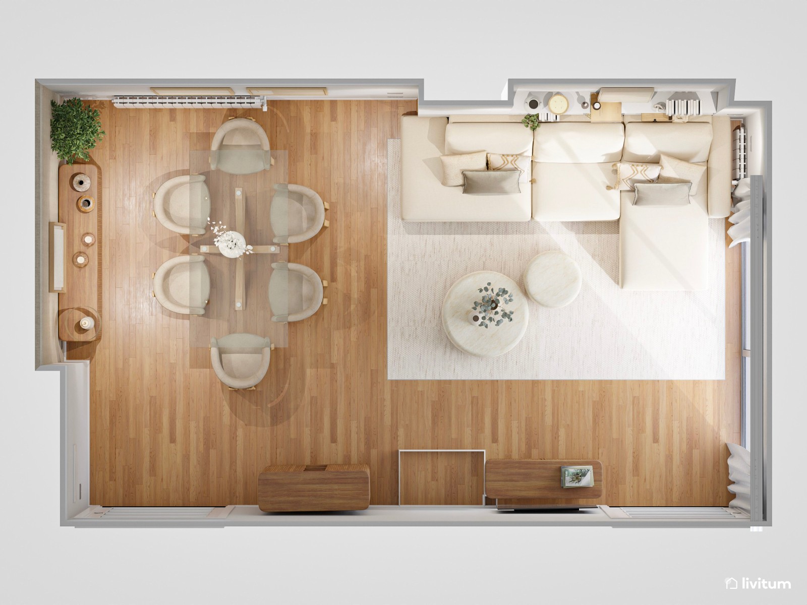 Salón moderno en tonos crema con mesas de efecto travertino