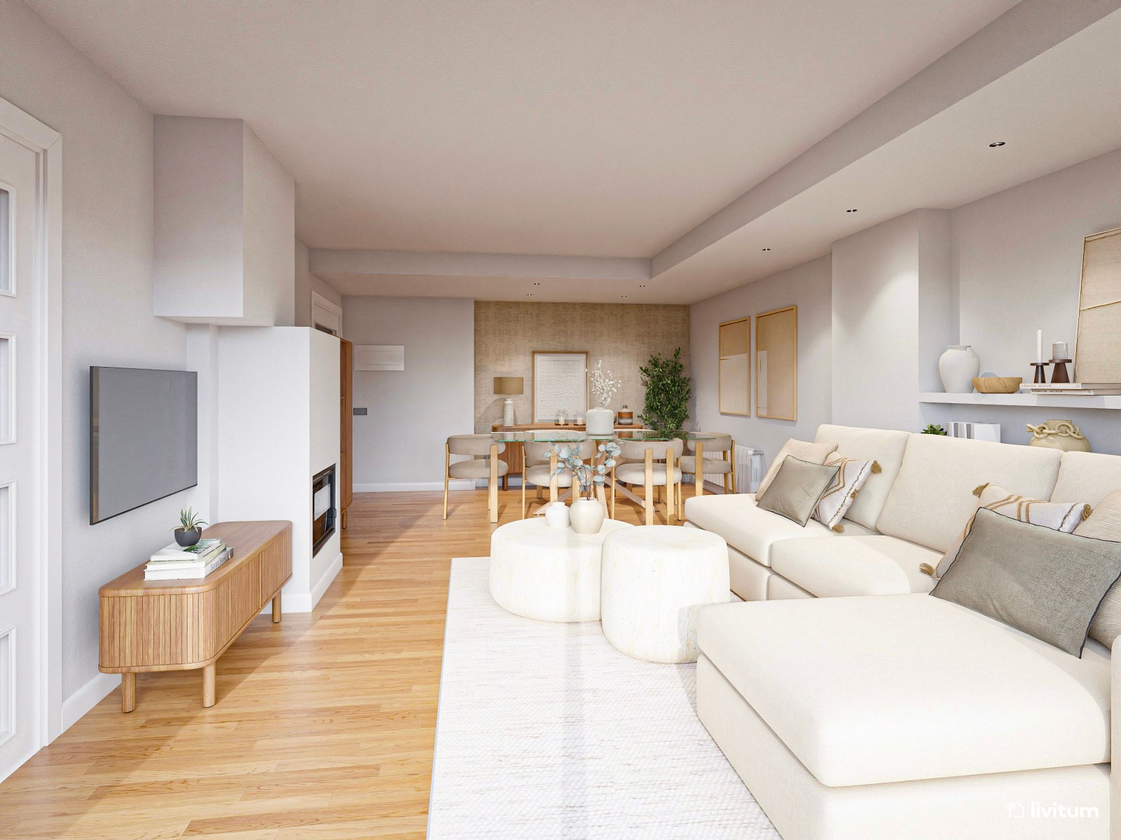 Salón moderno en tonos crema con mesas de efecto travertino