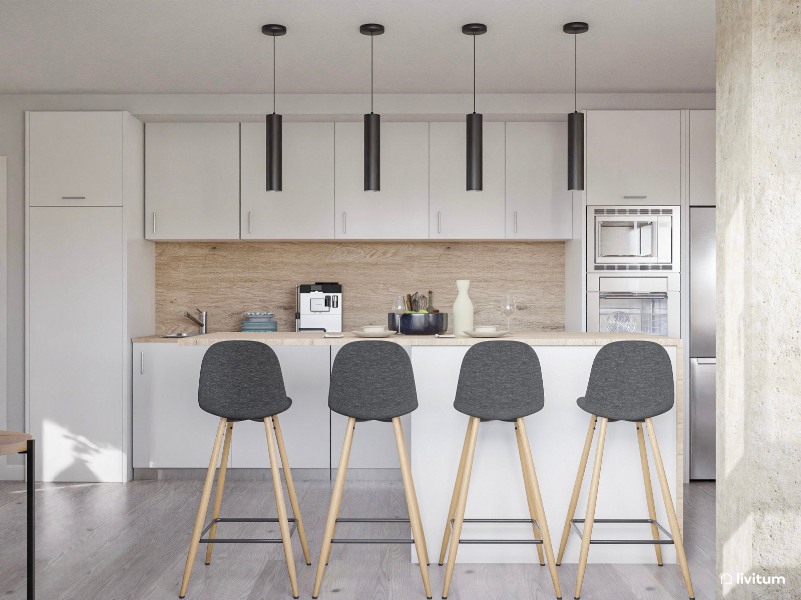 Salón moderno en tonos suaves con península en la cocina 