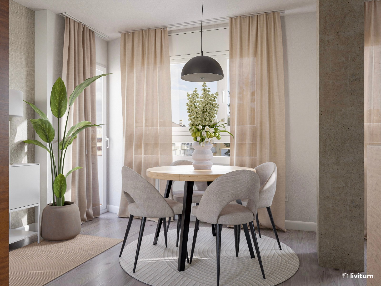 Salón moderno en tonos suaves con península en la cocina 