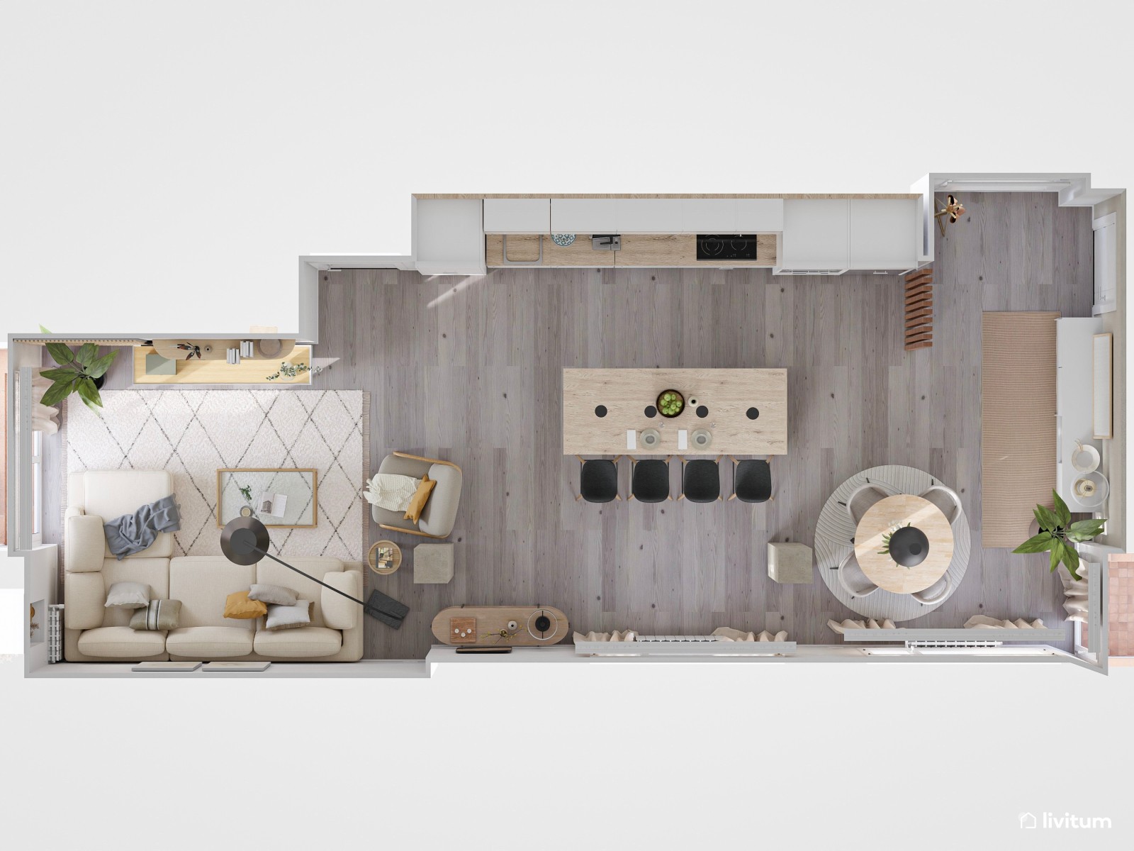 Salón moderno en tonos suaves con península en la cocina 