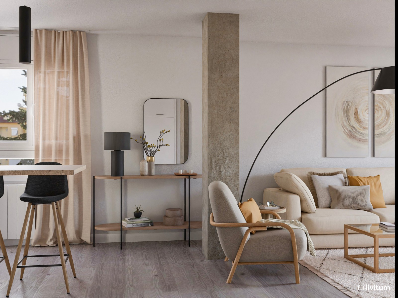Salón moderno en tonos suaves con península en la cocina 