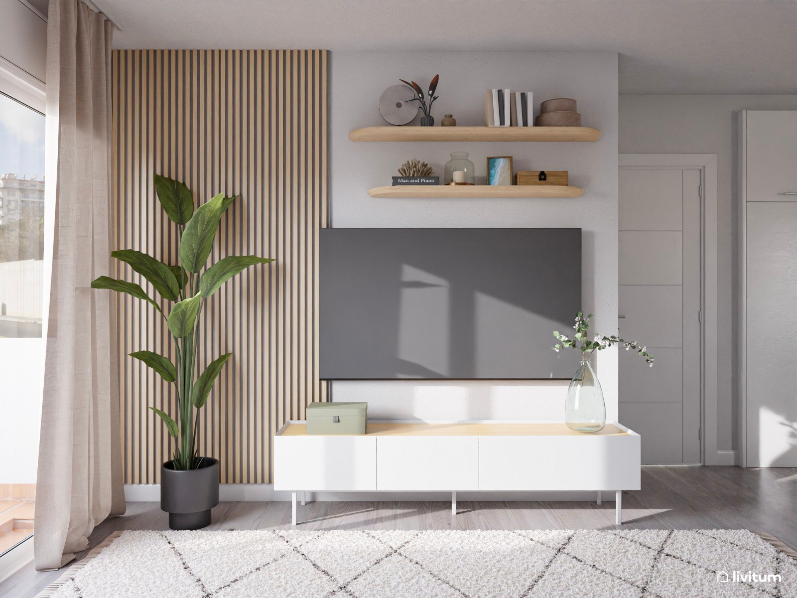 Salón moderno en tonos suaves con península en la cocina 