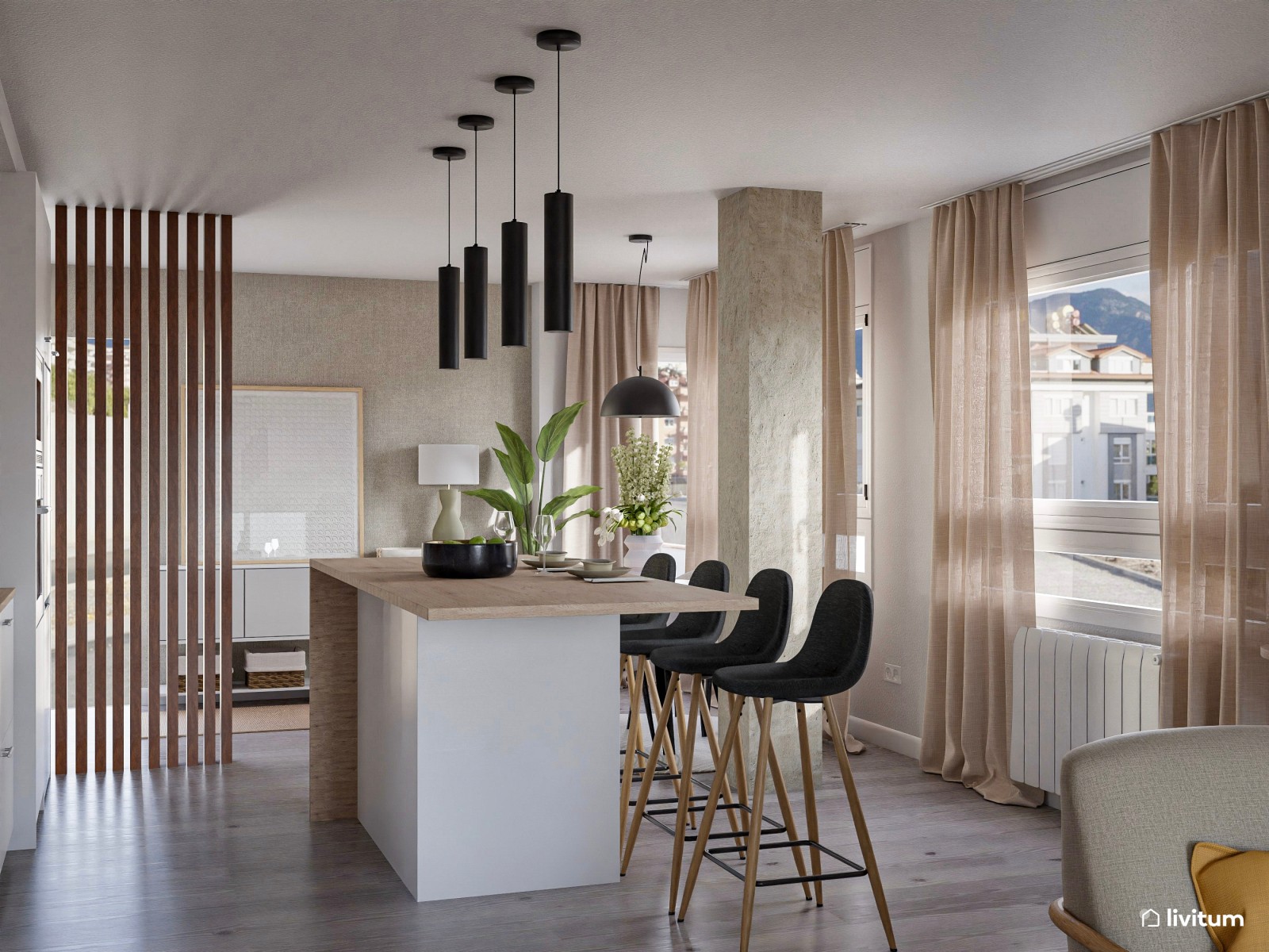 Salón moderno en tonos suaves con península en la cocina 