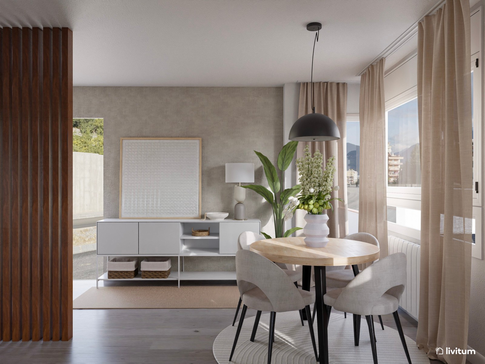 Salón moderno en tonos suaves con península en la cocina 