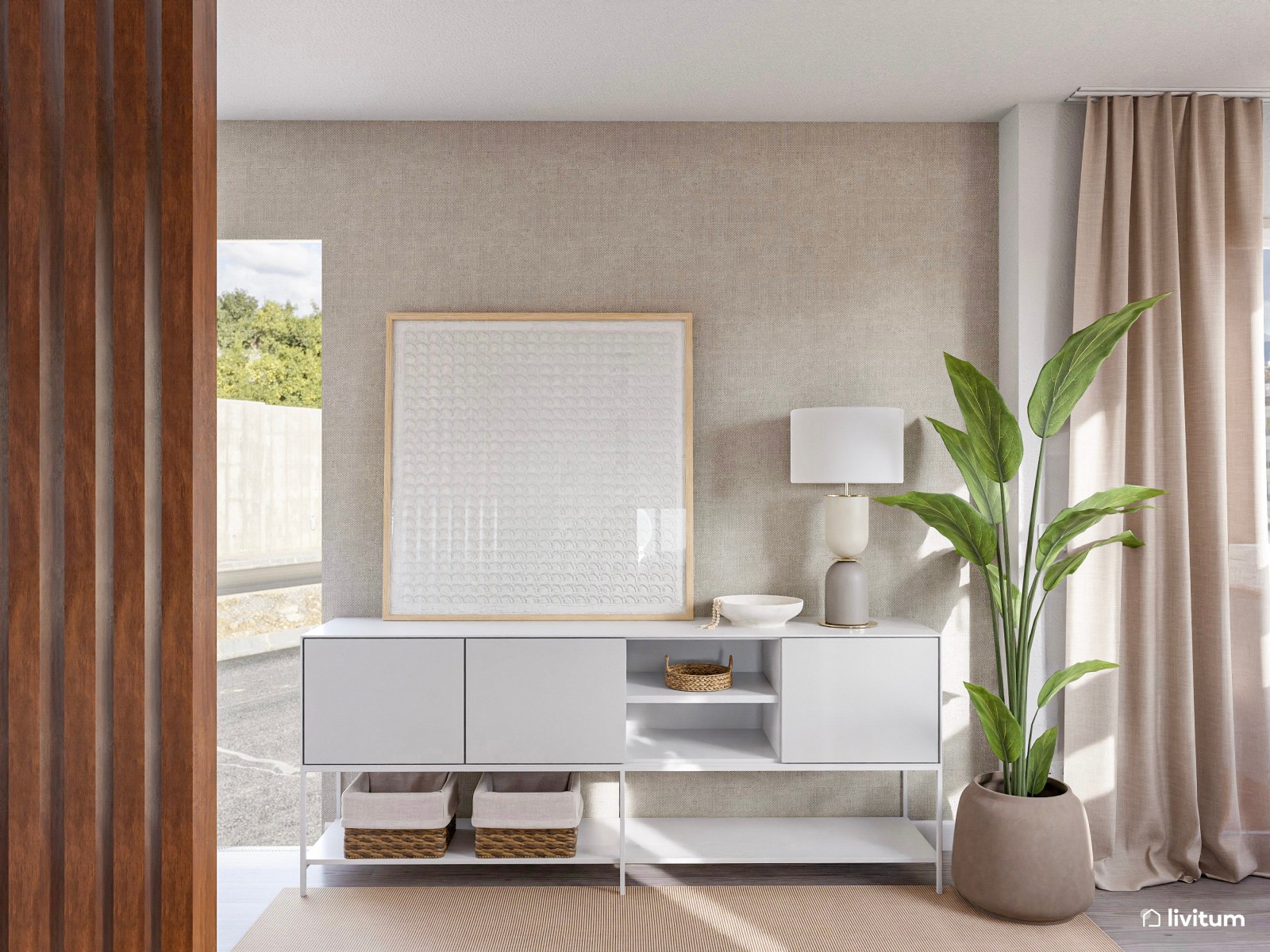 Salón moderno en tonos suaves con península en la cocina 