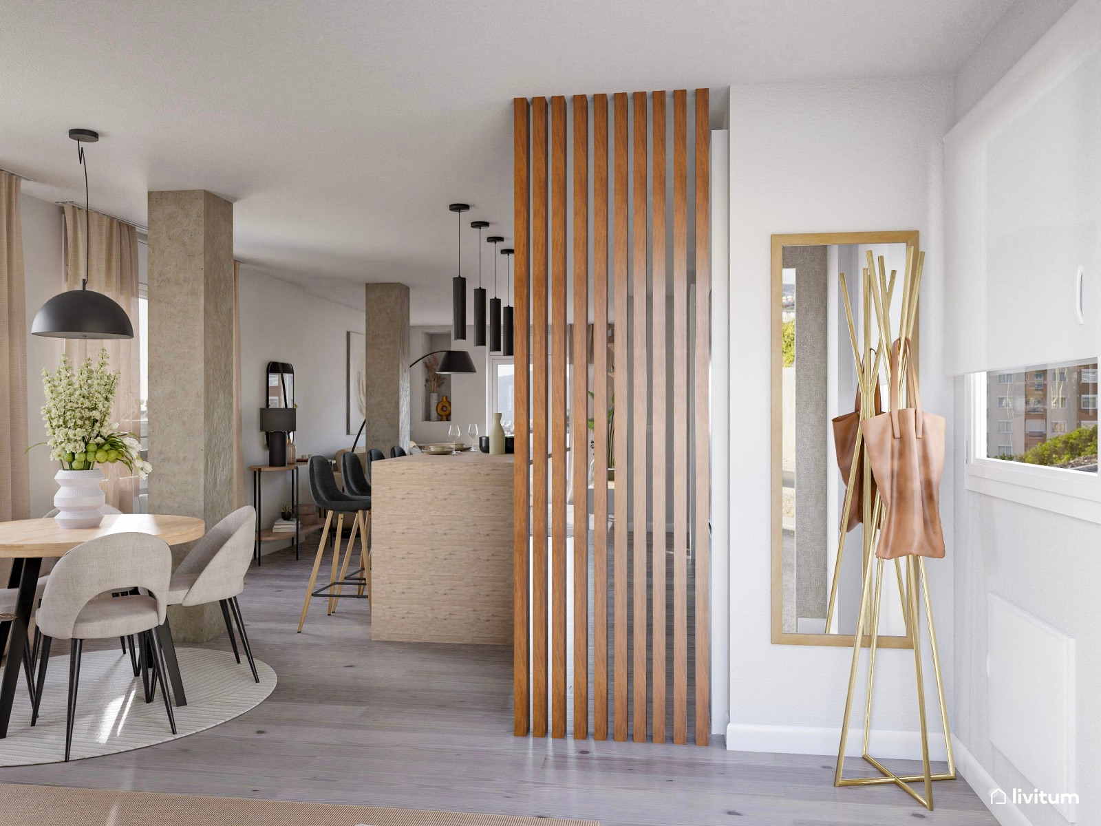 Salón moderno en tonos suaves con península en la cocina 