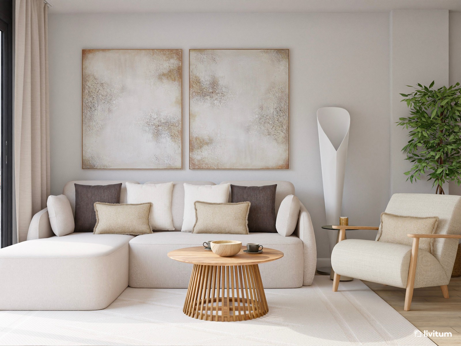 Salón moderno en tonos suaves y muebles innovadores de inspiración nórdica