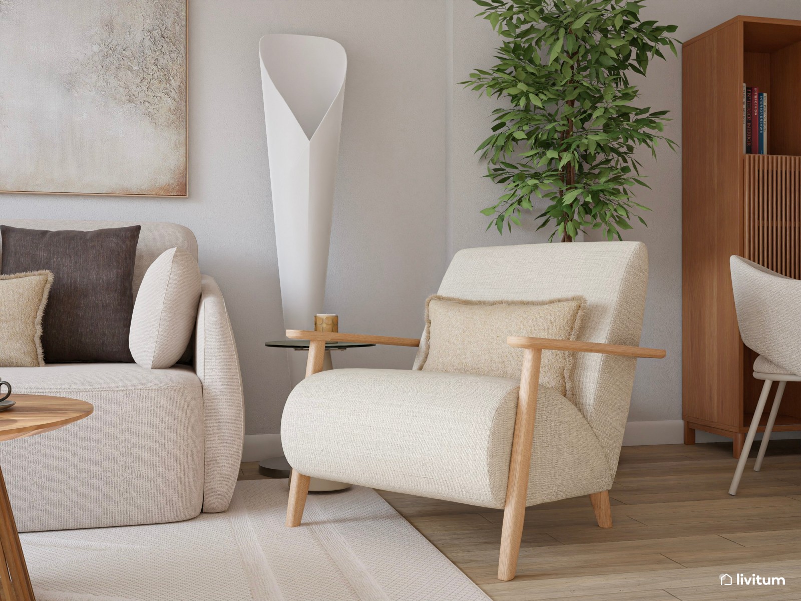 Salón moderno en tonos suaves y muebles innovadores de inspiración nórdica