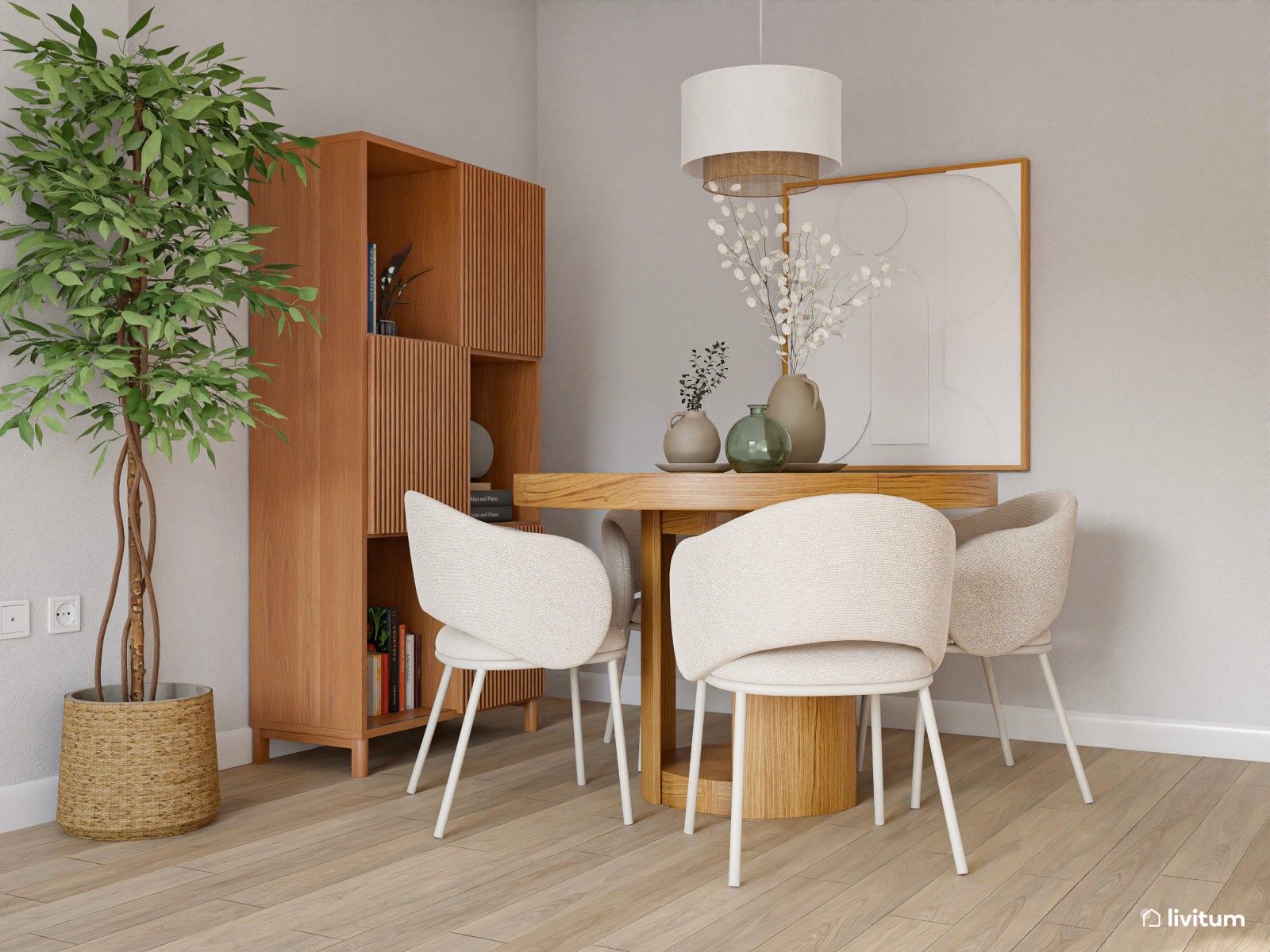 Salón moderno en tonos suaves y muebles innovadores de inspiración nórdica
