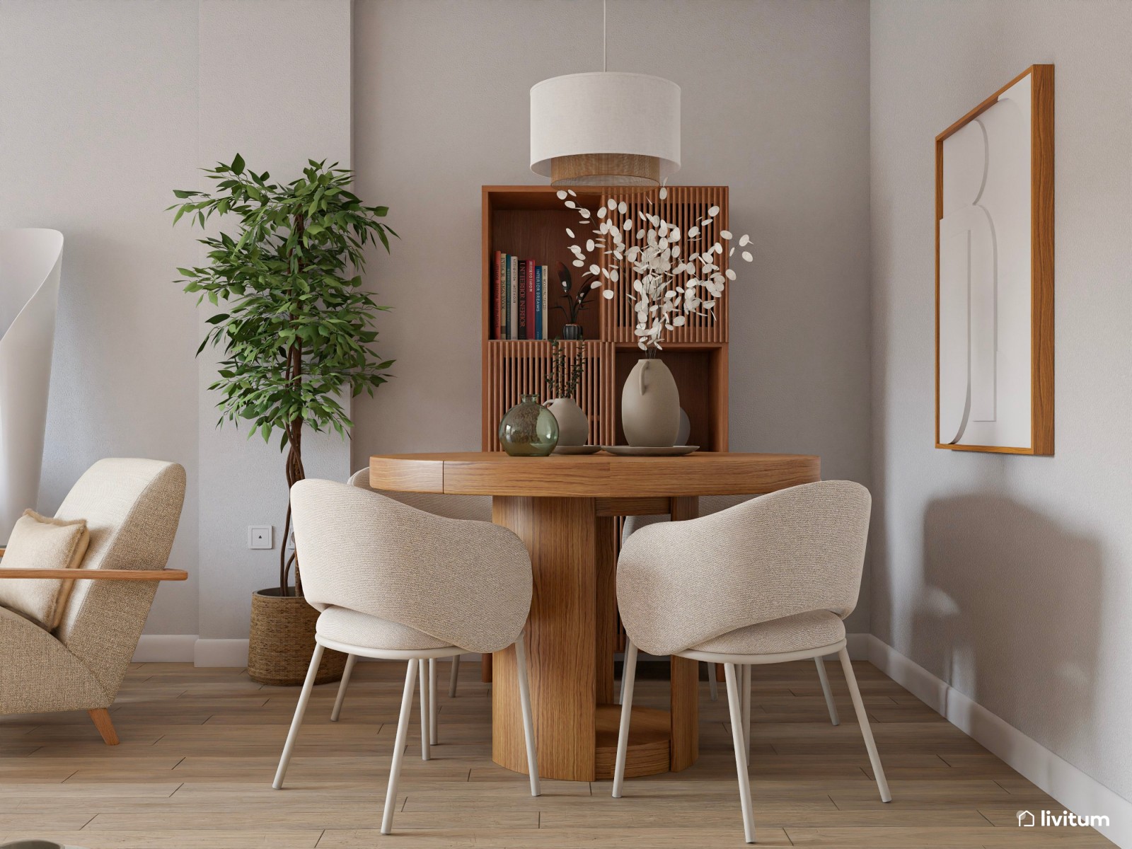 Salón moderno en tonos suaves y muebles innovadores de inspiración nórdica