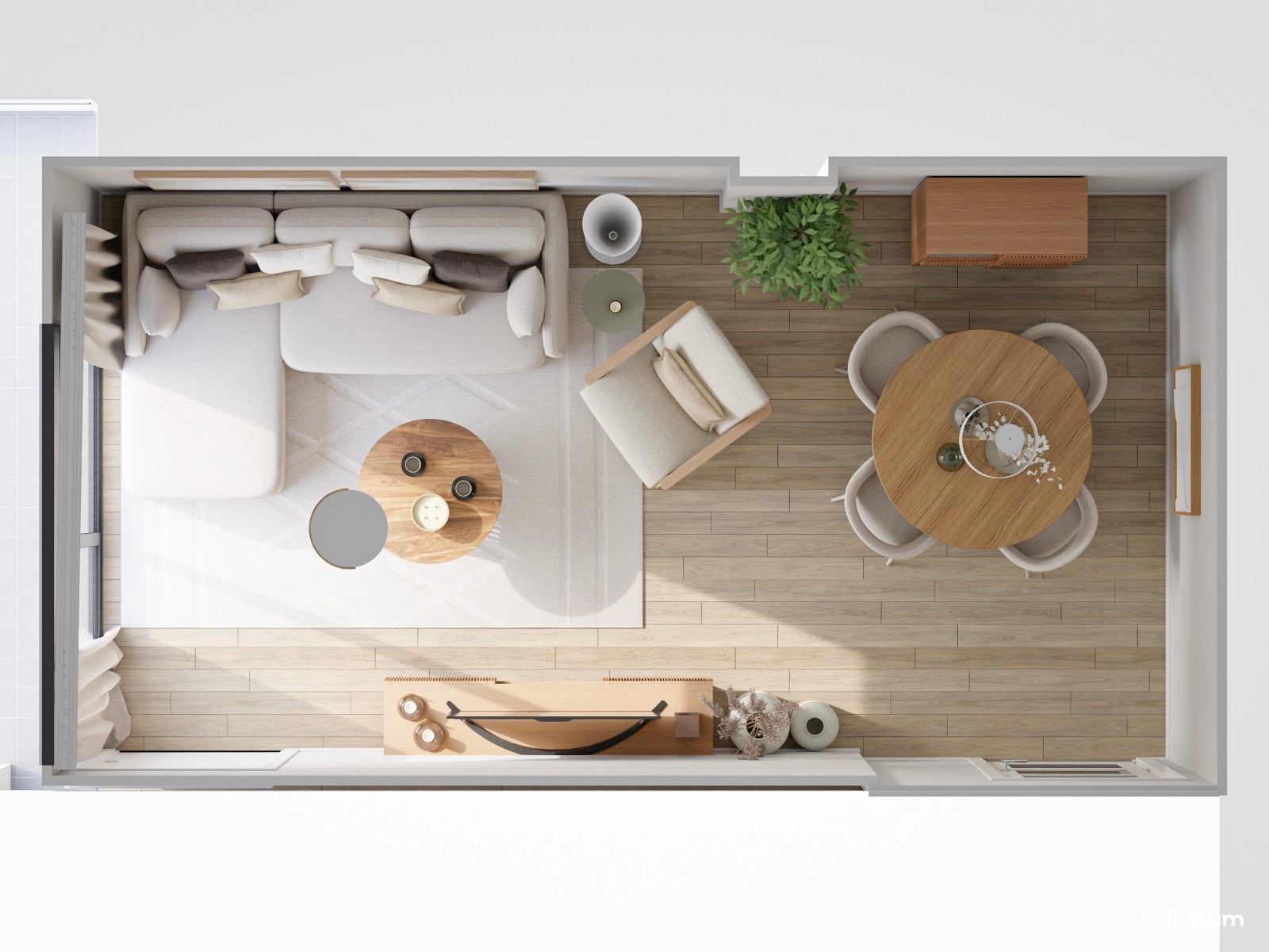 Salón moderno en tonos suaves y muebles innovadores de inspiración nórdica