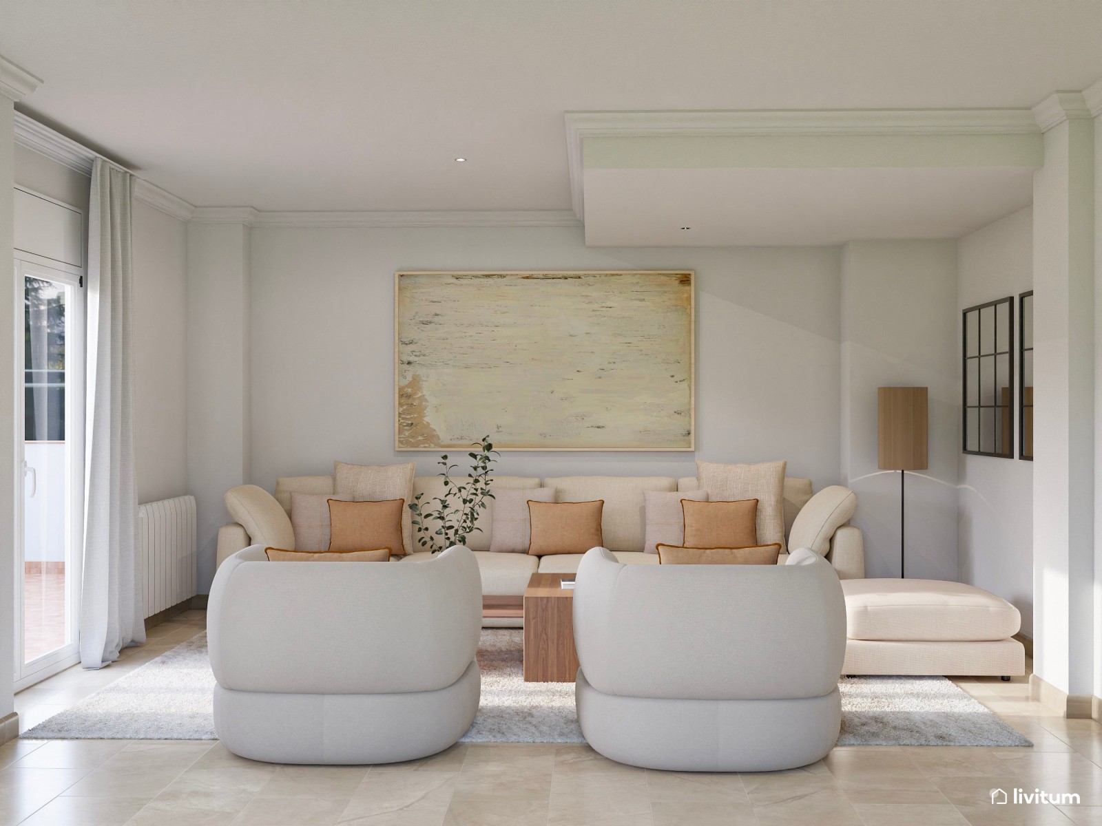 Salón moderno muy amplio en colores suaves y detalles en naranja pastel
