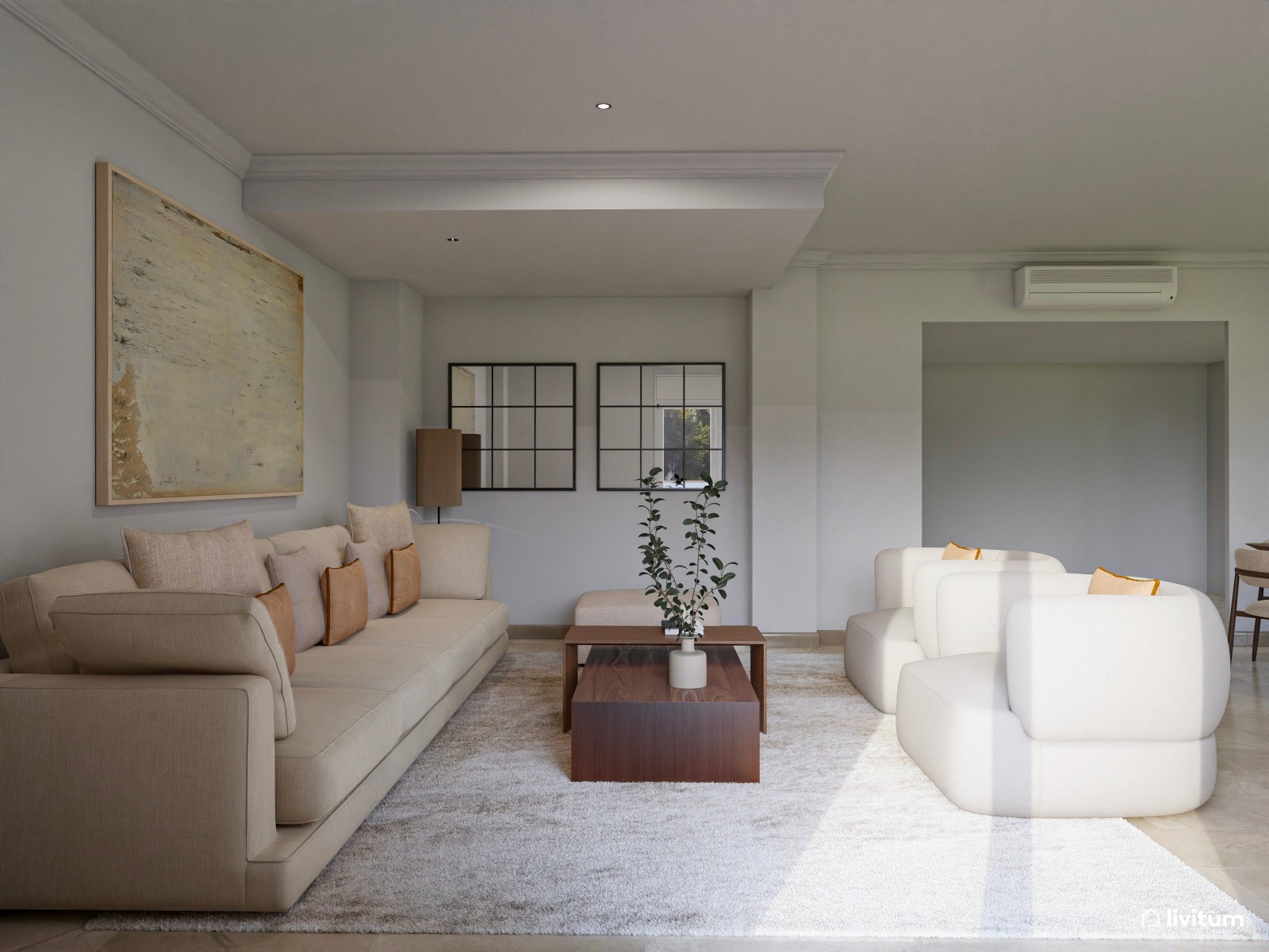 Salón moderno muy amplio en colores suaves y detalles en naranja pastel