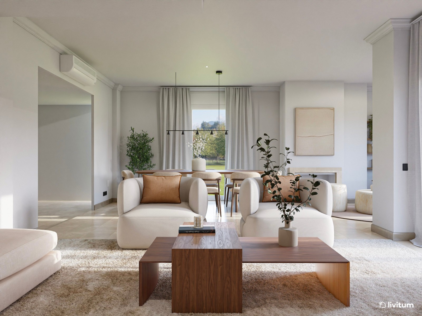 Salón moderno muy amplio en colores suaves y detalles en naranja pastel