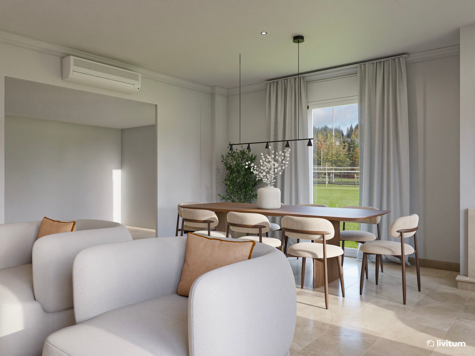 Salón moderno muy amplio en colores suaves y detalles en naranja pastel