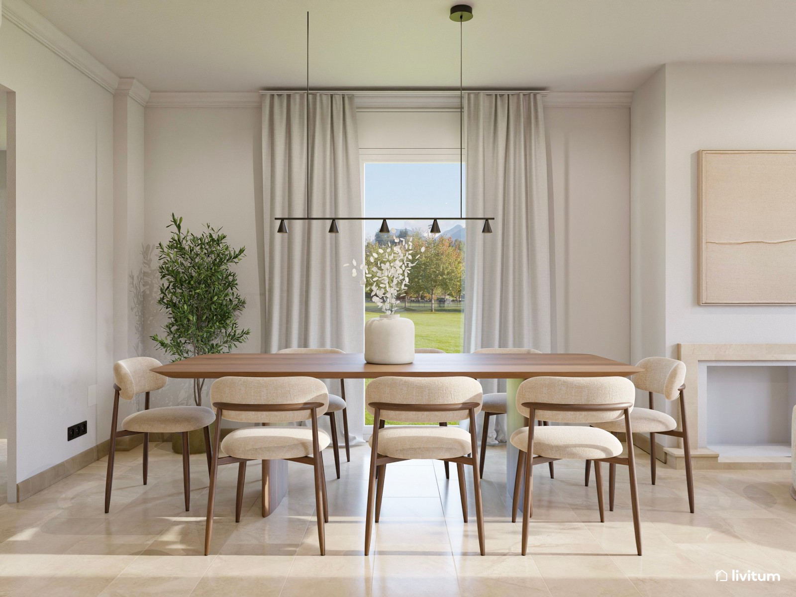 Salón moderno muy amplio en colores suaves y detalles en naranja pastel