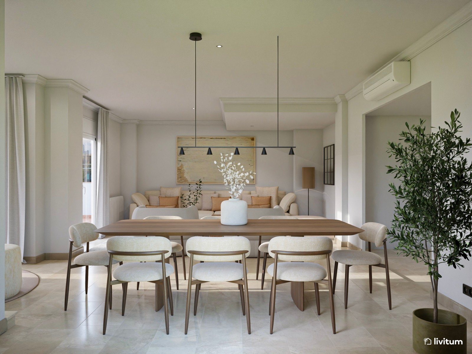 Salón moderno muy amplio en colores suaves y detalles en naranja pastel