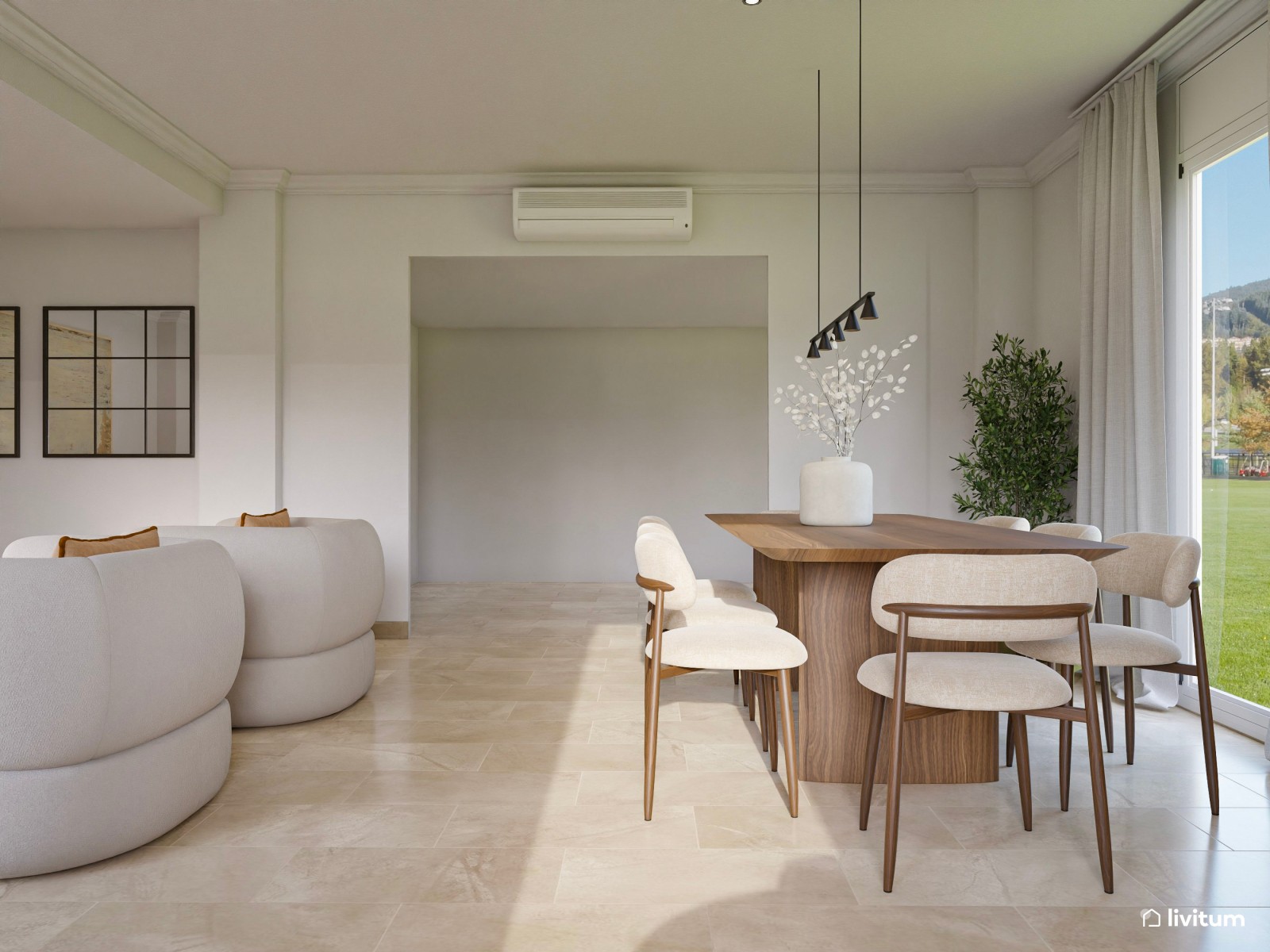 Salón moderno muy amplio en colores suaves y detalles en naranja pastel