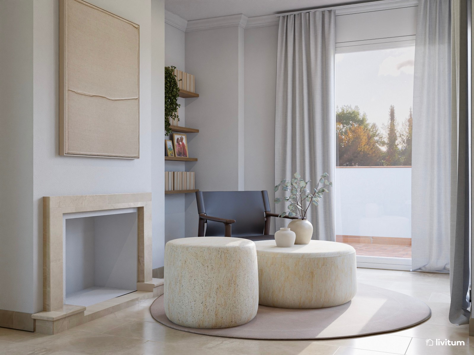 Salón moderno muy amplio en colores suaves y detalles en naranja pastel