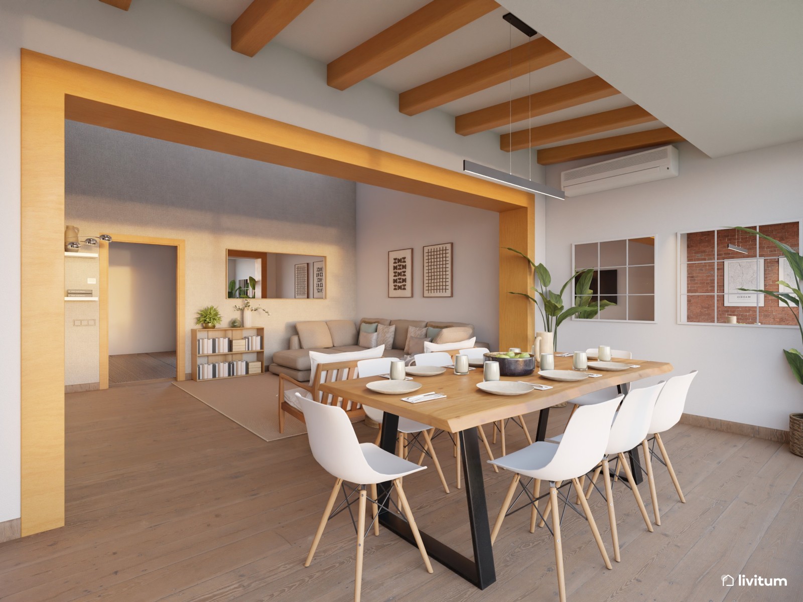 Salón moderno, nórdico  y luminoso con vistas al exterior