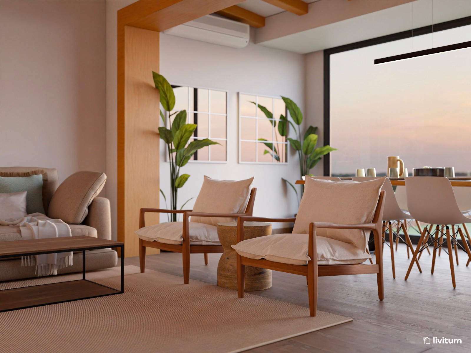 Salón moderno, nórdico  y luminoso con vistas al exterior
