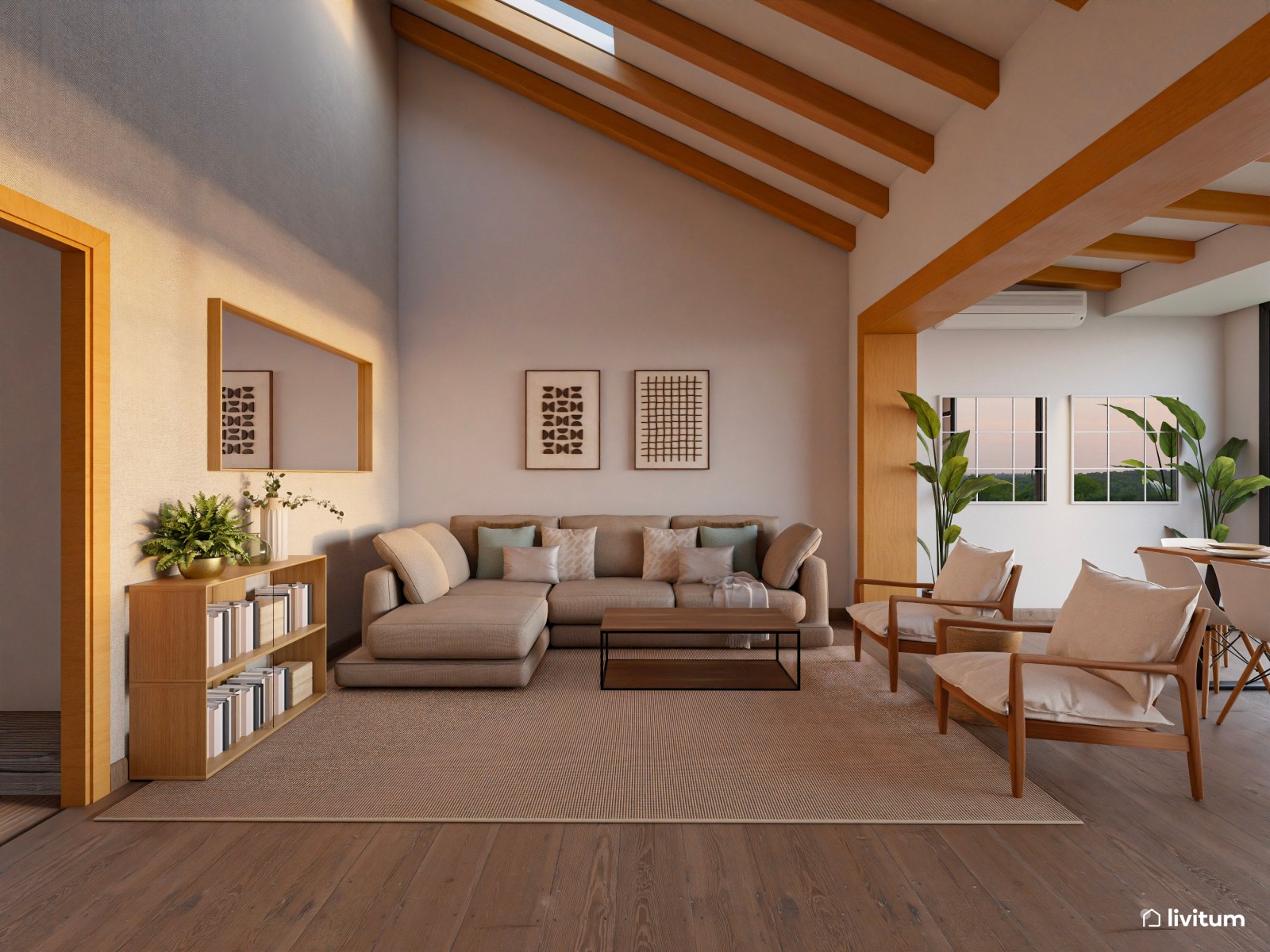 Salón moderno, nórdico  y luminoso con vistas al exterior