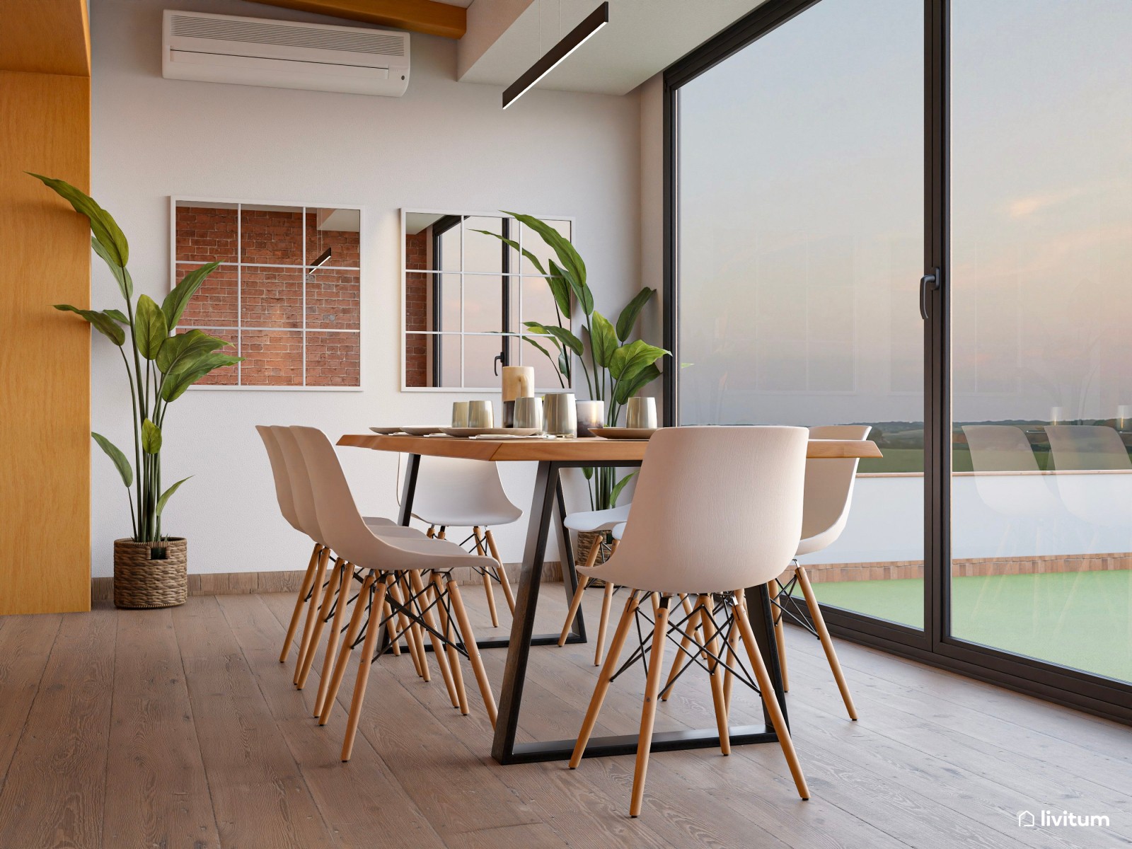 Salón moderno, nórdico  y luminoso con vistas al exterior