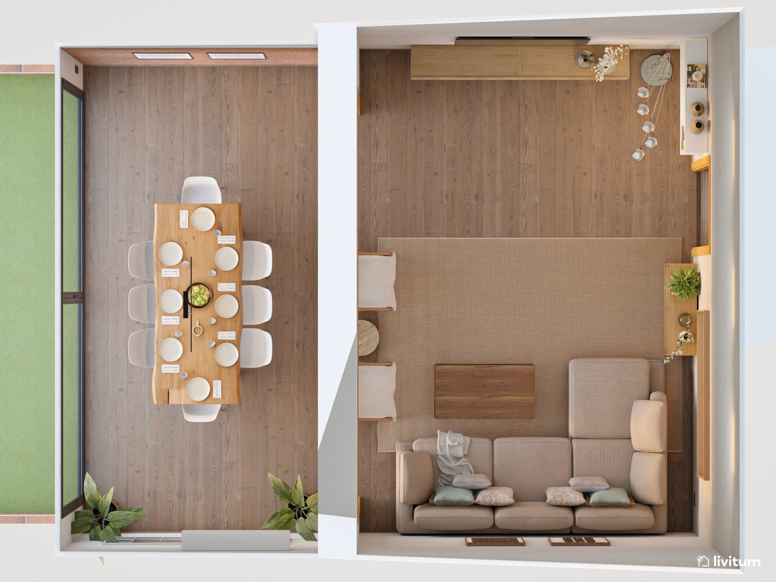 Salón moderno, nórdico  y luminoso con vistas al exterior