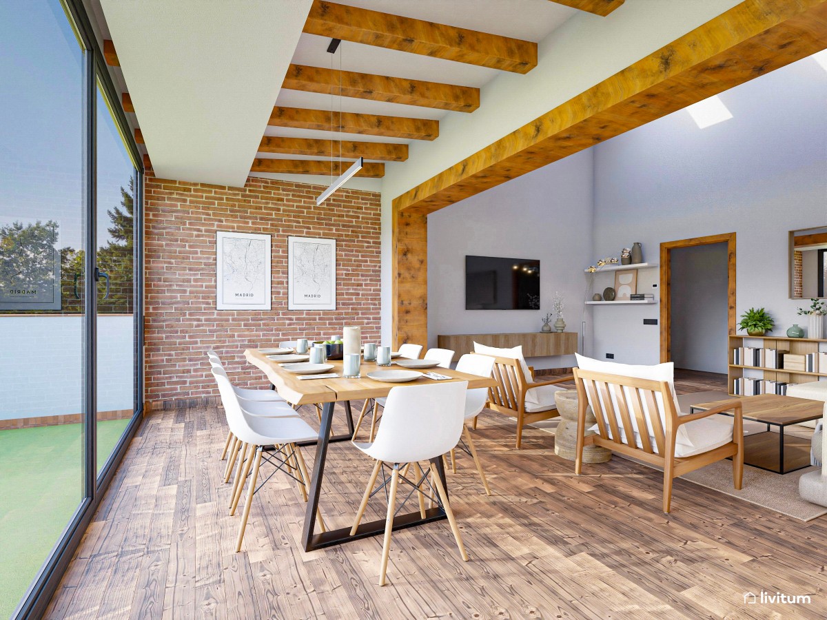 Salón moderno, nórdico  y luminoso con vistas al exterior